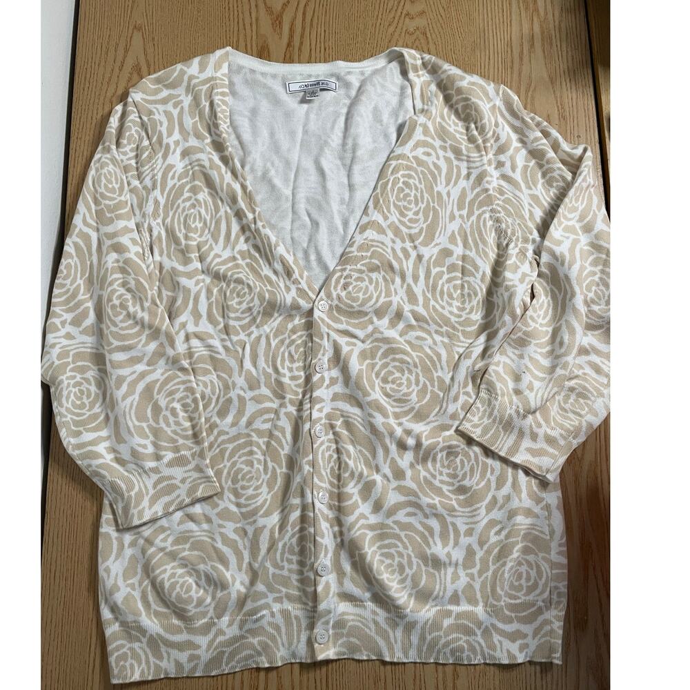 B40 Women’s G H Bass & Co Lightweight Cardigan Sweater Tan White size Large